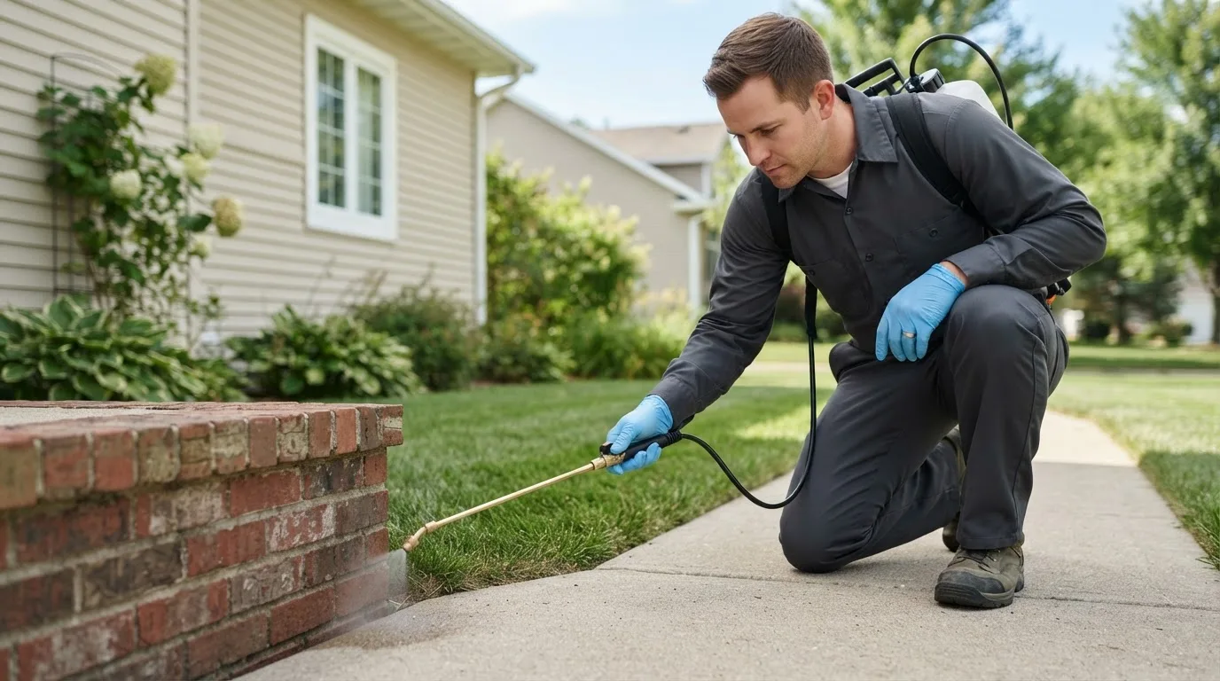 Pest control technician treating a home near Leedey, OK