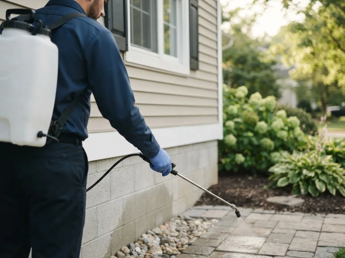 Pest control technician inspecting a home in Leedey, OK